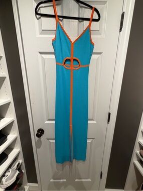 Anthropologie Turquoise and Orange Contrast cutout midi dress